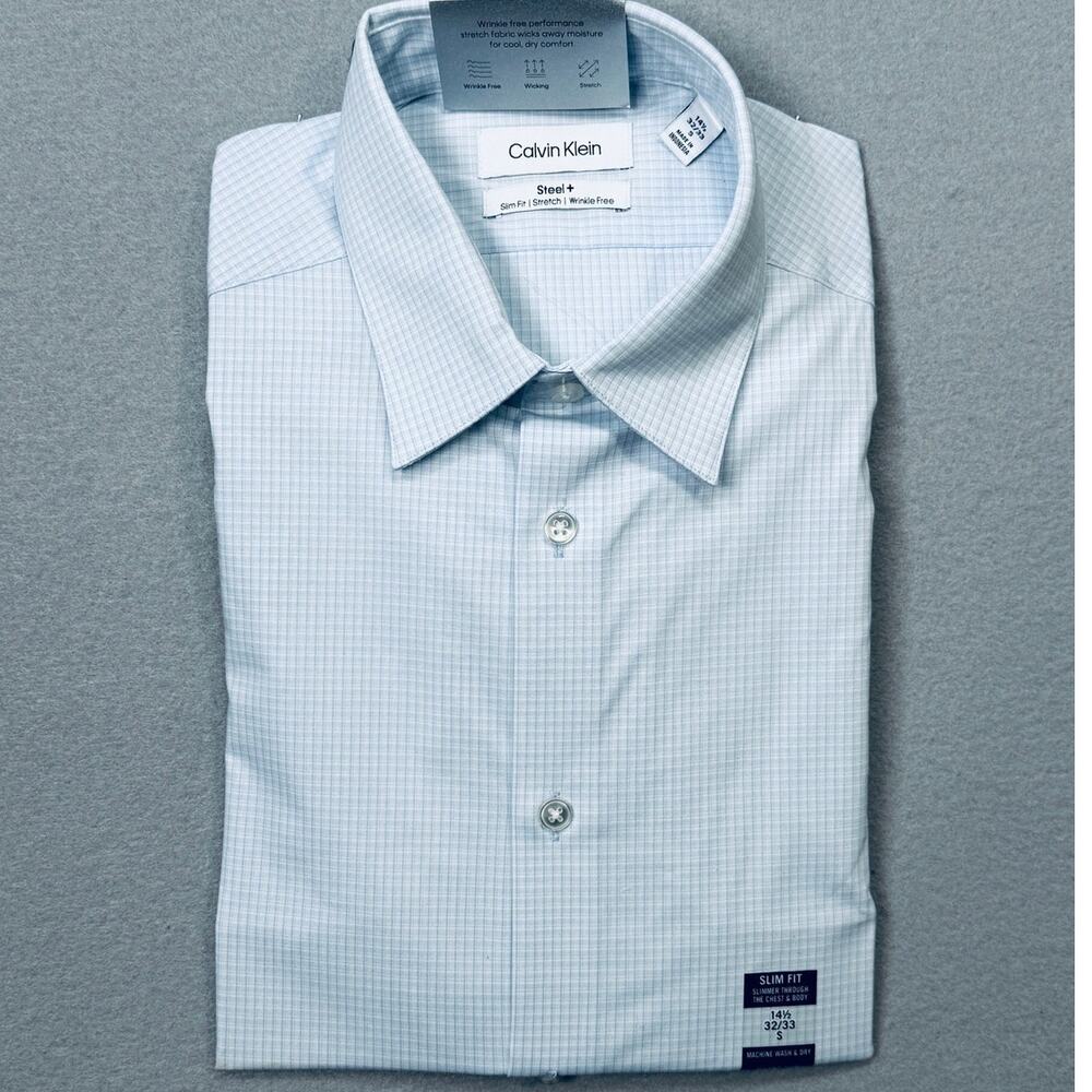 Calvin Klein Steel Men's Slim-Fit Stretch Dress Shirt, Lt BLue 14.5 32-33 $85